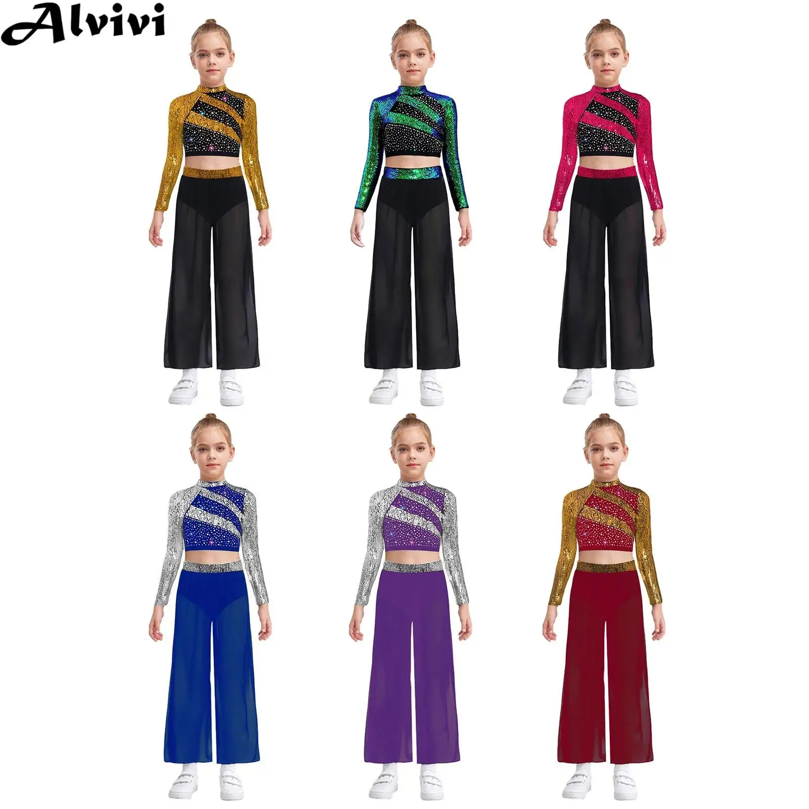 어린이 소녀 현대 서정적 댄스 의상 반짝이는 크롭 탑 사이드 슬릿 시폰 바지 내장형 브리프 체조 스케이팅 의류