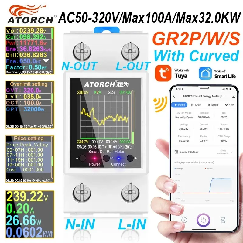 100A Tuya WiFi Din 레일 전력 에너지 측정기 AC50-320V 스마트 전기 측정기 디지털 디스플레이 모니터 전압 곡선 전류계 GR2PW