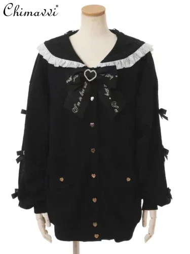 일본 리즈 광산 양산 세일러 칼라 리본 활, 귀여운 후드티, 가을 프레피 스타일, Y2K 귀여운 오버사이즈 맨투맨