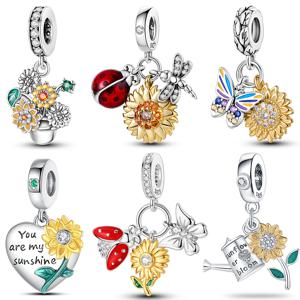 패션 925 스털링 실버 하트 모양의 황금 해바라기 매력 펜던트 맞는 925 원래 팔찌 목걸이 DIY 파티 쥬얼리