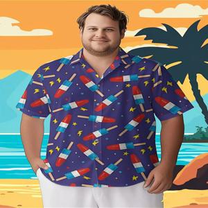 남성용 플러스 사이즈 하와이안 셔츠 쿨 아이스 캔디 테마 패턴, 여름 캐주얼 탑, 야외 및 파티에 적합, 스트리트웨어