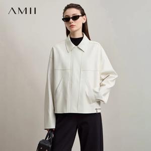 아미 가죽 재킷 여성 2025 가을 신상 미니멀리스트 라펠 루즈핏 PU 가죽 지퍼 숄더 롱 슬리브 코트 여성용 12543228