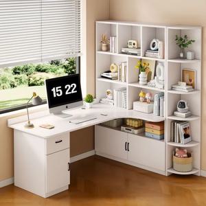 L자형 책상 3개의 서랍 코너 컴퓨터 책상 전원 콘센트 대형 수납 공간 캐비닛 및 프린터 스탠드 포함