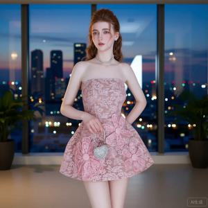 퍼프 소매와 꽃무늬 장식이 있는 우아한 핑크 레이스 A라인 드레스 여름 파티 결혼식 하객 신부 들러리 드레스 빈티지