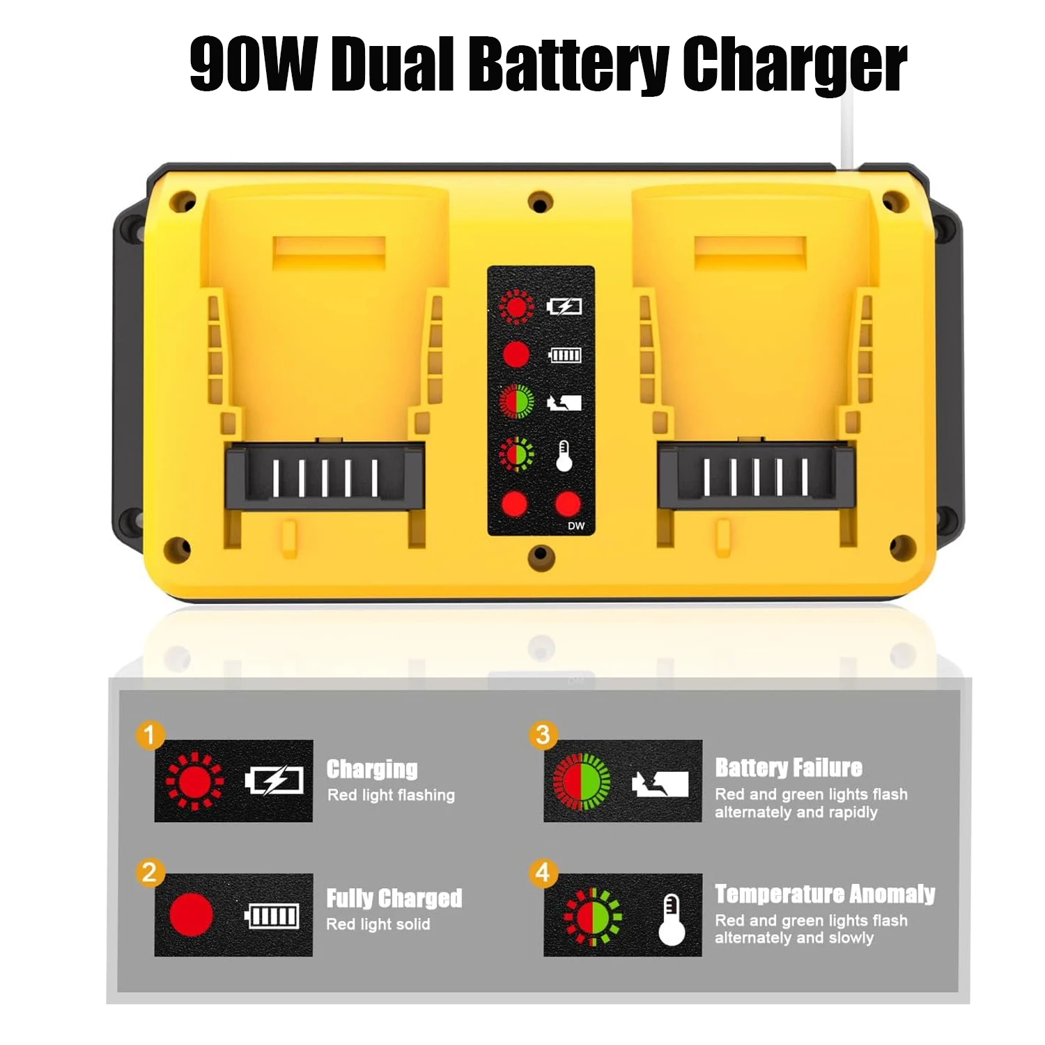 듀월트 18V 20V 리튬 배터리용 90W 고속 듀얼 배터리 충전기 교체품 (충전식 DCB207 DCB206 DCB204 DCB203-배터리 제외)