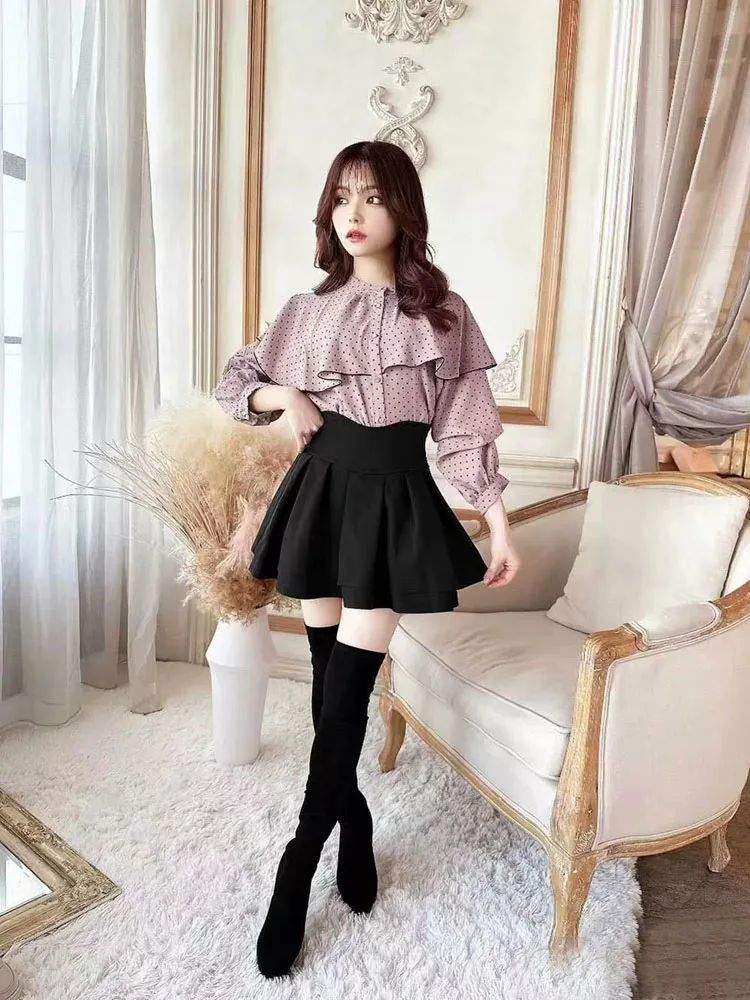 일본식 로리타 블랙 스커트 여성 봄 가을 새로운 탄성 허리 라인 슬림 짧은 주름 여성 미니 퀼로트 귀여운 소녀