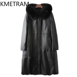 여성용 화이트 구스 다운 퍼퍼 재킷, 100% 양가죽 롱 가죽 재킷, 여우 모피 칼라, 겨울 의류, 2024 신상