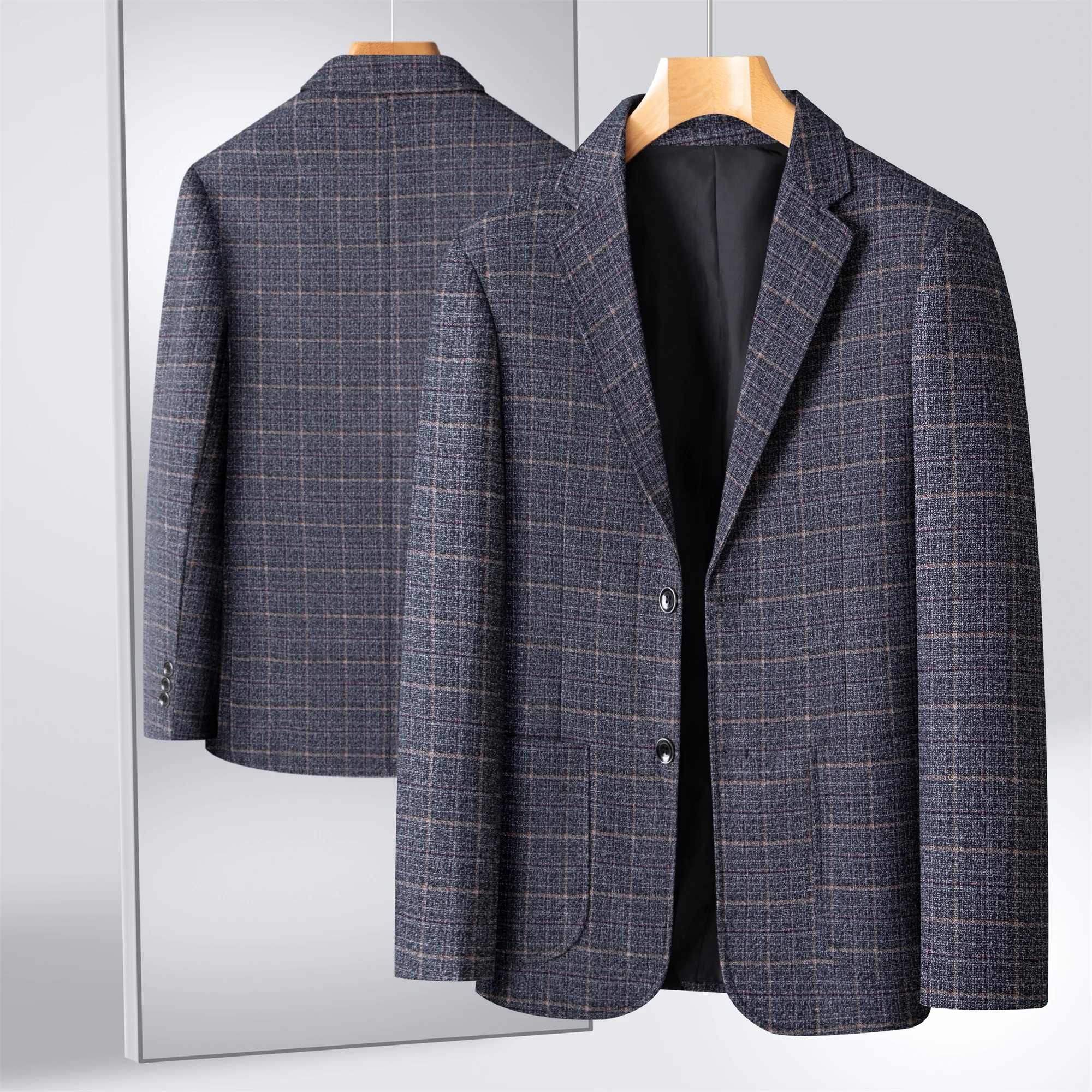 스트라이프 정장 남성 체크 무늬 정장 남성 자켓 비즈니스 캐주얼 남성 정장 봄 & 가을 중년 남성 얇은 정장 루즈한 대형 정장 다용도 경량 탑