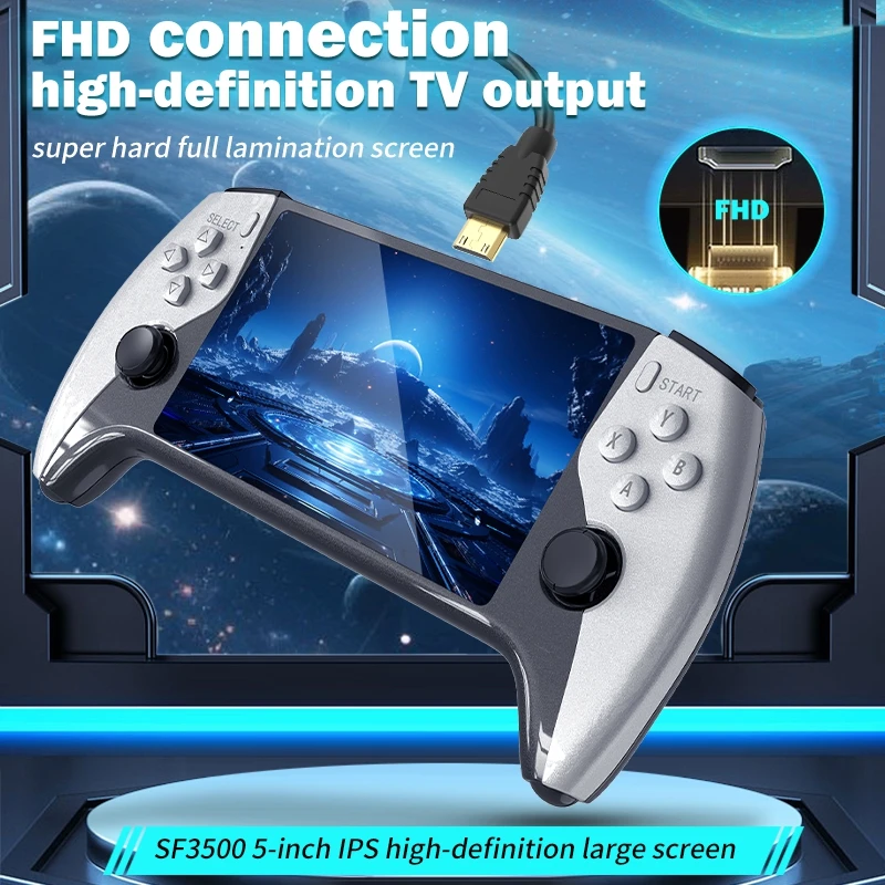 다기능 5인치 IPS HD 레트로 휴대용 게임 콘솔 SF3500 멀티 시스템 지원 FHD 포트&듀얼 코어, 256GB 확장 가능