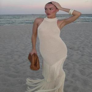 봄 여름 여성용 솔리드 컬러 섹시 니트 태슬 롱 드레스 휴가 스타일 니트 베스트 드레스 하이웨이스트 롱 스커트