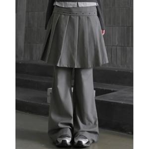 2026년 봄 스윗 쿨 스타일 페이크 투피스 플리츠 스커트 루즈핏 마이크로 플레어 팬츠 롱 팬츠 메탈 버클 캐주얼 팬츠 여성용