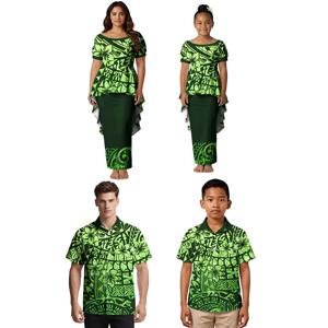 개성 있는 플로럴 프린트 로고 맞춤 가족 부모-자녀 의상 폴리네시안 남성 셔츠 하와이안 풀레타시 사모아 드레스 가족 세트