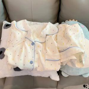 여성용 프린트 도트무늬 면 잠옷 세트, 반팔 상의와 반바지 2피스 세트, 캐주얼하고 편안한 홈 세트, 달콤한