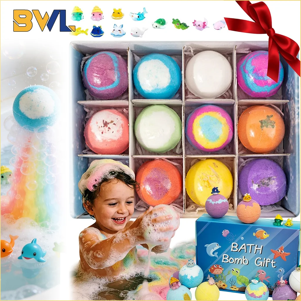 6-12개 어린이용 배쓰밤 천연 메가 버블 서프라이즈 오션 토이 선물 세트 피부 친화적인 목욕 키트 (남아, 여아용)