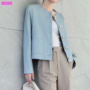 여성용 가죽 자켓 봄 양가죽 O 넥 싱글 브레스트 짧은 블루/옐로우 레저 및 다목적 Kurtka Skórzana Damska