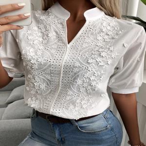 여름 꽃 자수 레이스 블라우스 패션 여성 브이 넥 캐주얼 셔츠 세련된 짧은 소매 속이 빈 탑 우아한 블라우스 24350