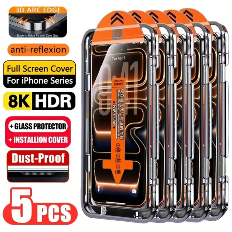 아이폰 17 16 13 프로 맥스 11 15 14 16e 12 미니 XR X Xs 7 8 플러스 에어용 간편 설치 HD 스크린 보호필름 5개 (강화유리)