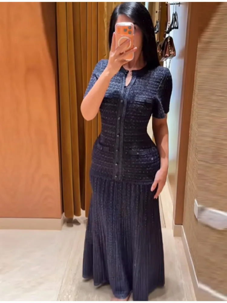 여성용 시퀸 맥시 드레스, 허리 조절 가능, 라운드넥, 반팔 니트 드레스, 2026 신상, 속이 비치는 디자인, 싱글 브레스티드 미디 로브