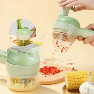 4in1 전기 야채 절단기 세트, 휴대용 무선 전기 마늘 다지기, 식품 다지기, 고기 분쇄기, 식품 껍질 벗기기 및 슬라이스 기계