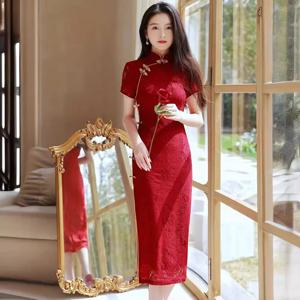 S-2XL 버건디 웨딩 원피스 치파오, 반팔 빈티지 여성 레이스 원피스, 슬림핏 우아한 치파오, 여름