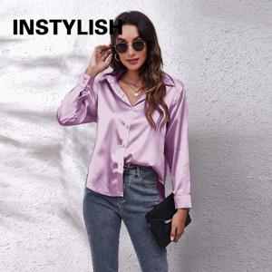 여성 우아한 새틴 셔츠 캐주얼 긴팔 인조 실크 블라우스 봄 여름 오피스룩 여성 심플 만능 코디 의류