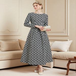 DEVCHATA 럭셔리 여성 빈티지 골드 스레드 자카드 긴 소매 원피스 패션 용수철, 가을 꽃 파티 드레스 의류