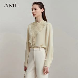 AMII 여성 셔츠 2025 가을 블라우스 레이스 스플라이싱 루즈핏 롱 슬리브 쉬폰 블라우스 우아한 여성 상의 여성 의류 12543063
