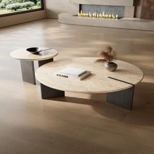 수제 천연 트래버틴 커피 테이블 - 빈티지 원형 나무 받침대 & 대리석 상판 디자이너 테이블 (럭셔리 거실용)