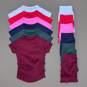 2피스 히스텔로 스포츠 세트 여성 반팔 상의 심리스 스크런치 범 조거 팬츠 트레이닝복 세트 짐 피트니스 세트