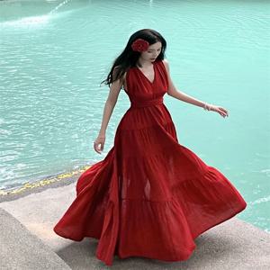 백리스 솔리드 컬러 플로위 롱 드레스 여성 우아한 휴가룩 레드 플로리아 오렌지 파티 프롬 비치 드레스 티어드 러플 가운