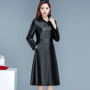 시크한 캐주얼 가죽 바람막이 여성 오버코트, 중간 길이 슬림 가죽 코트, 한국 가죽 트렌치 코트, 2024 용수철 가을 신상