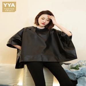 여성용 불규칙한 오버사이즈 진짜 가죽 재킷, 루즈핏 O넥 풀오버, 부드러운 양가죽 상의 망토 코트, 하이 스트리트 가을