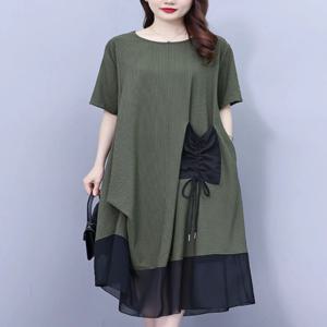 플러스 사이즈 아이스 실크 드레스 여성용 봄 여름 신상 미드 웨이스트 언밸런스 스커트 디자인 슬리밍 체형 커버 맘 드레스