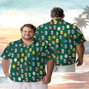 남성용 플러스 사이즈 하와이안 셔츠다채로운 당구공 패턴, 버튼 업 셔츠, 남녀공용 캐주얼 의류, 여름 상의