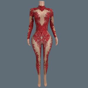 반짝 이는 라인 석 프린트 스판덱스 탄성 Bodycon 점프 슈트 나이트 클럽 파티 무대 클럽 쇼 의상 댄스 스키니웨어 Xiaotaohong