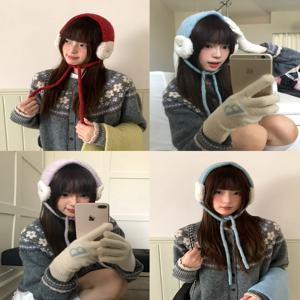 레트로 패션 다용도 레이스업 귀마개 여성용 가을 겨울 따뜻한 털이 있는 컬러 블록 니트 귀마개
