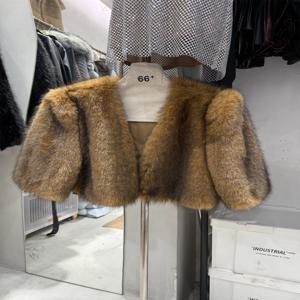 여성용 가을 겨울 인조 여우털 반소매 플러피 코트 우아한 브이넥 인조 퍼 숏 루즈 아우터 탑