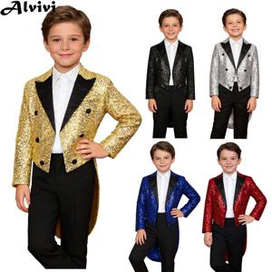 어린이 남아 긴팔 스팽글 새틴 블레이저 턱시도 웨딩 파티 댄싱 테일코트 할로윈 카니발 서커스 마술 쇼 의상
