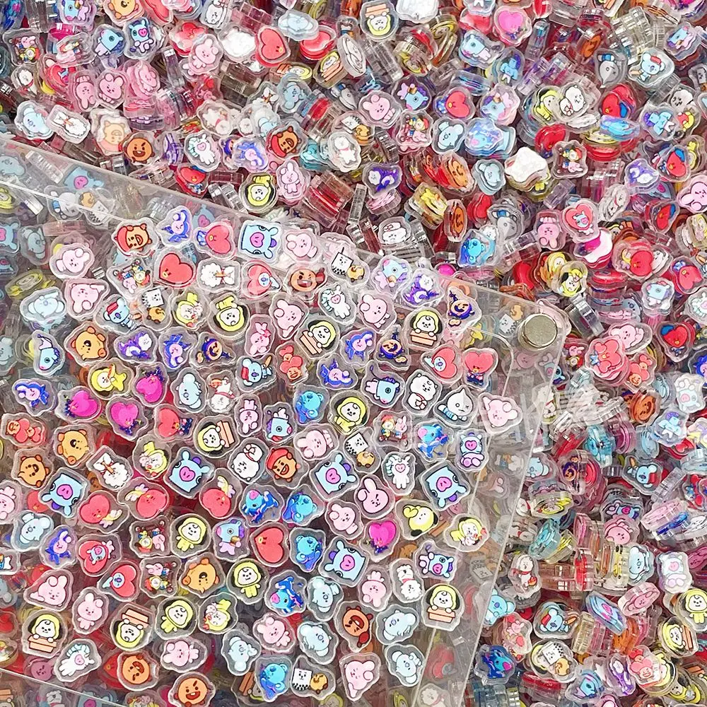100개 미니 BT21 아크릴 플레이트 DIY 액세서리, 귀여운 냉장고 자석, 휴대폰 케이스 재료, 애니메이션 만화 선물 및 장난감 장식용