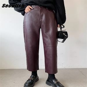 서울 가을 겨울 PU 인조 가죽 여성용 넓은 다리 바지 하이 웨스트 여성 캐주얼 느슨한 발목 길이 바지 2023 신규