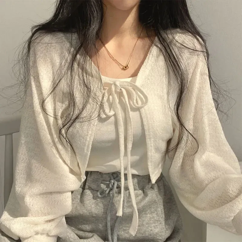 여성용 화이트 니트 가디건, 얇은 자외선 차단, 레이스업 니트웨어 상의, 여성 패션, 한국 랜턴 소매, 짧은 코트, 여름