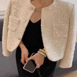 시크한 스팽글 스윗 트위드 재킷 여성 가을 우아한 긴 소매 슬림 코트 한국 패션 O넥 디자인 여성 올 매치 신상 탑