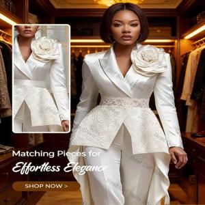 화이트 새틴 여성 정장 세트 2피스 롱 블레이저+바지 바지 봄 꽃무늬 포멀 오피스룩 여성 자켓 맞춤 제작 웨딩 코트
