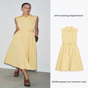 여름 신상 여성 슬리밍 벨티드 셔츠 칼라 민소매 원피스 하이웨이스트 미디 길이 파티룩 솔리드 컬러 기타 00%