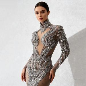 실버 스팽글 메쉬 드레스 투명 무대 공연 의상 (뮤직 페스티벌, 전자 댄스 음악 축제 가수용)