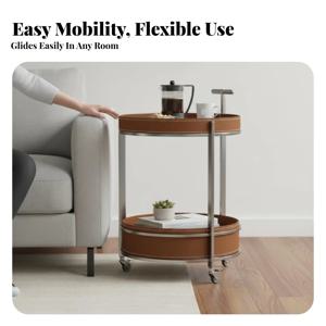 둥근 이중 레벨 트롤리 미니멀리스트 디자인의 이탈리아풍 바퀴 달린 사이드 테이블, 가정 주인을 위한 다용도 기능 제공