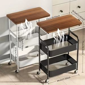 1pc 3층 모바일 보관 카트 |   나무 테이블 상판, 견고한 금속 프레임 - 이동이 간편한 범용 바퀴