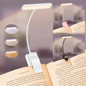 USB 충전식 책등 1개, 3가지 색상 조절 가능 LED 독서등, 클램프 포함, 눈 보호 야간 조명, 침대, 공부 책상용