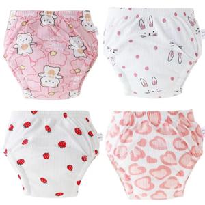 4PCS 통기성 면화 새로운 재사용 가능한 빨 수있는 아기 변기 훈련 바지 유아 유아 귀여운 속옷 사랑스러운 소녀를위한 부드러운 팬티