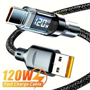 120W C타입 to C타입 케이블, LED 디스플레이 포함 초고속 충전 케이블, 샤오미 삼성용 USB to C타입 데이터 케이블